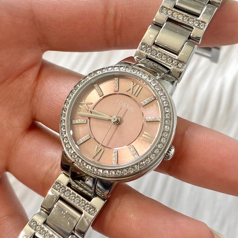 Fossil Women's Silver Rhinestone Watch with Pink Face, Stainless Steel Watch